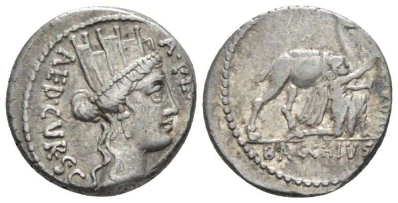 M. Plaetorius M.f. Cestianus. circa 67, AR 17.3mm., 4.02g. Head of Cybele r.; be...