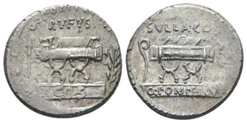 Q. Pompeius Rufus. Denarius circa 54, AR 17.6mm., 4.07g. Q·POMPEI·Q·F / RVFVS Cu...