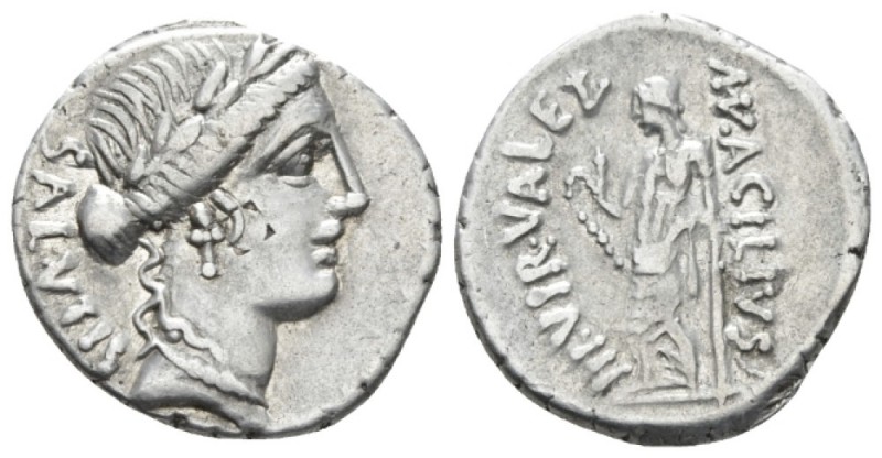 Mn. Acilius. Denarius circa 49, AR 19mm., 3.84g. SALVTIS Laureate head of Salus ...