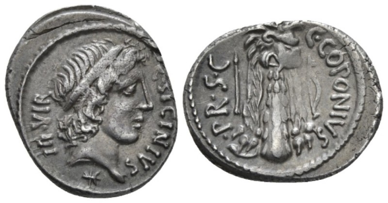 Q. Sicinius and C. Coponius. Denarius mint moving with Pompey 49, AR 18.5mm., 3....