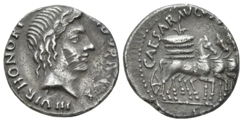 Octavian as Augustus, 27 BC – 14 AD Denarius M. Durmius circa 19-18 BC, AR 18mm....