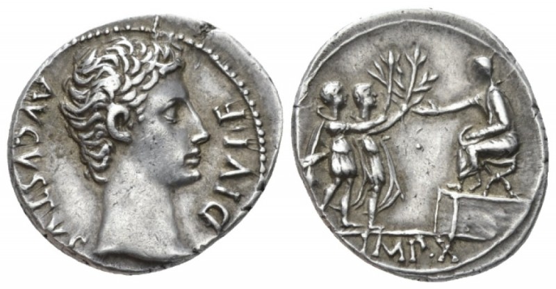 Octavian as Augustus, 27 BC – 14 AD Denarius Lugdunum circa 15-13, AR 18mm., 3.8...