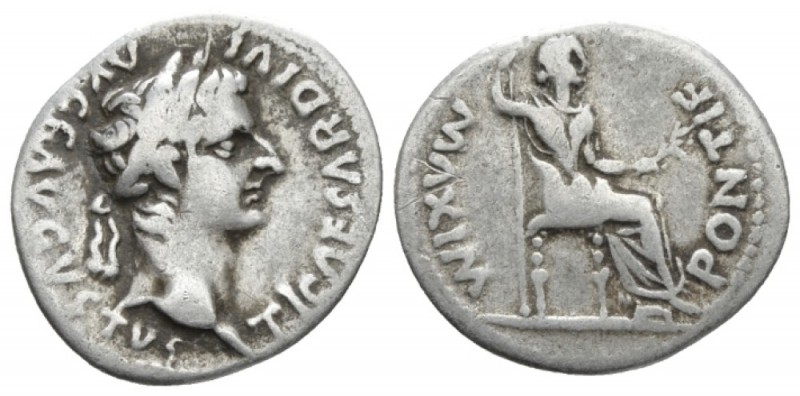 Tiberius, 14-37 Denarius Lugdunum circa 14-37, AR 18mm., 3.60g. Laureate head r....