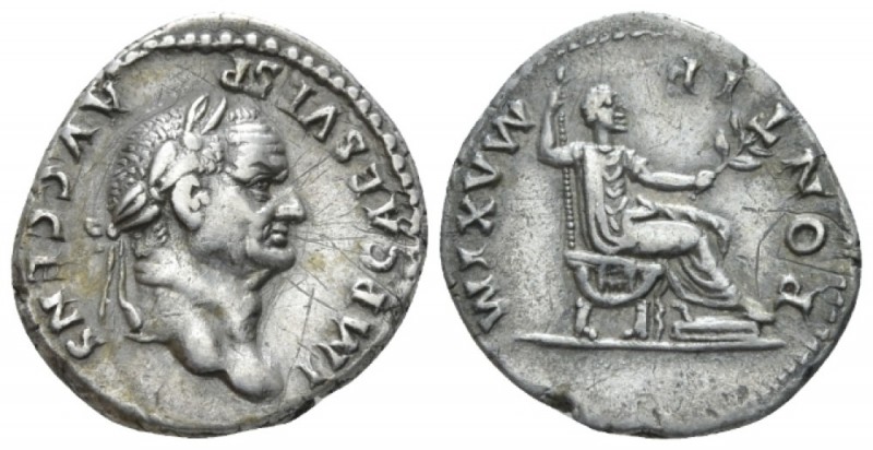 Vespasian, 69-79 Denarius circa 73, AR 20mm., 3.34g. Laureate head r. Rev. Vespa...