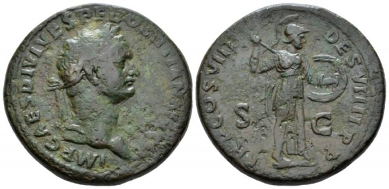 Domitian, 81-96 Sestertius circa 82, Æ 33mm., 25.87g. Laureate head r. Rev. Mine...