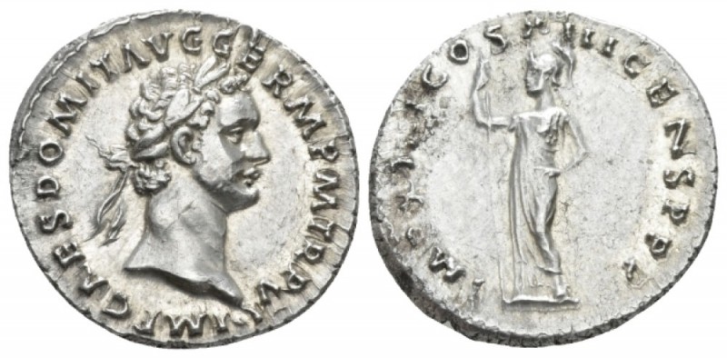 Domitian, 81-96 Denarius circa 87, AR 19mm., 3.41g. Laureate head r. Rev. Minerv...