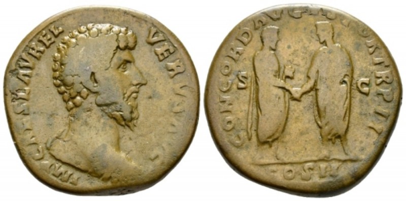 Lucius Verus, 161-169 Sestertius circa 161-162, Æ 32mm., 25.03g. Bare-headed and...