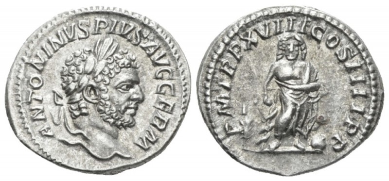 Caracalla, 198-217 Denarius circa 215, AR 19mm., 3.15g. Laureate head r. Rev. Ae...