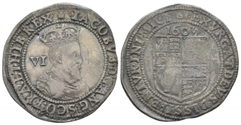 England. James I, 1603-1625., James I, 1603-1625. Six Pence 1603, AR 27mm., 2.77...