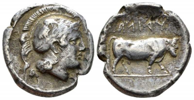 Campania, Hyria Didrachm circa 405-385, AR 20.5mm., 6.71g. Helmeted head of Athe...