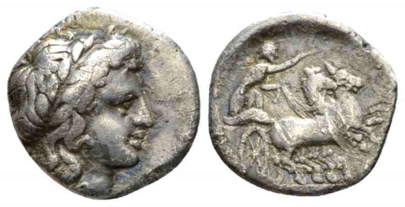 Campania, Neapolis Triobol circa 300-275, AR 14.5mm., 1.39g. Laureate head of Ap...