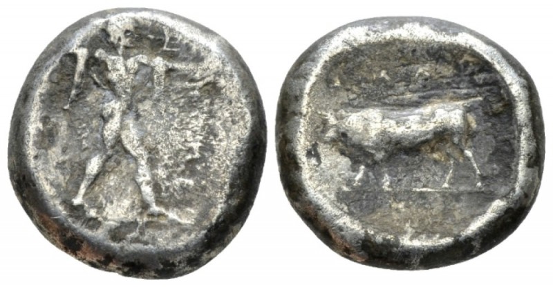 Lucania, Poseidonia Nomos circa 470-445 BC, AR 18mm., 7.92g. Poseidon standing r...