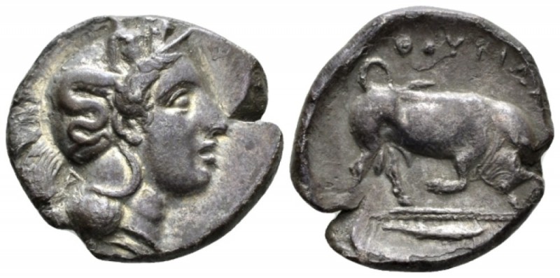 Lucania, Thurium Nomos circa 410-400, AR 23mm., 7.21g. Head of Athena r., wearin...