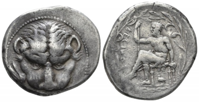 Bruttium, Rhegium Tetradrachm circa 450-445, AR 29.8mm., 17.27g. Lion’s head fac...