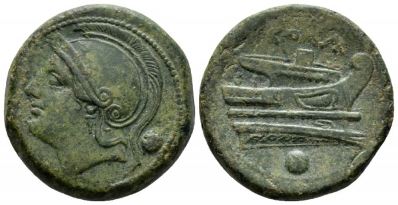 Uncia circa 217-215, Æ 24.5mm., 12.21g. Helmeted head of Roma l.; behind, pellet...