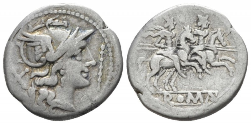 Denarius circa 206-195, AR 19.5mm., 3.74g. Helmeted head of Roma r.; before, sta...