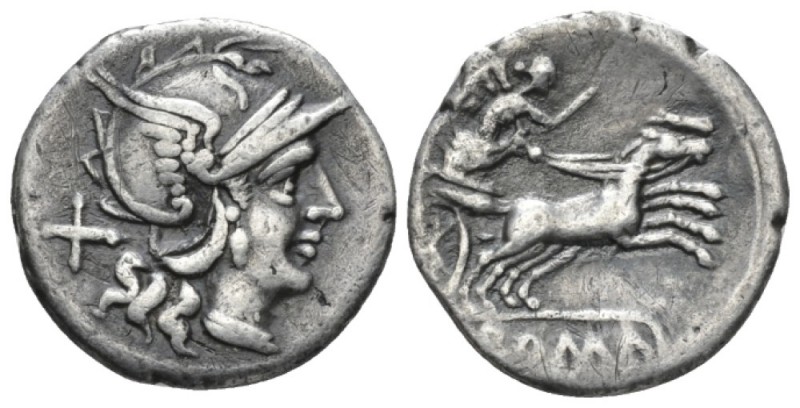 Denarius circa 157-156, AR 18.5mm., 3.11g. Helmeted head of Roma r.; behind X. R...