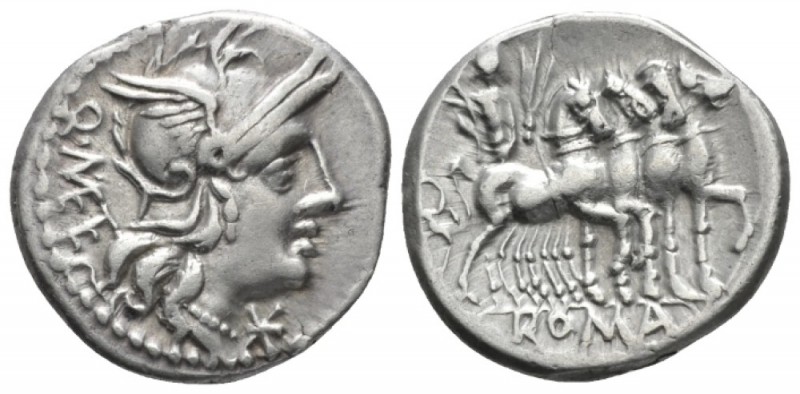 Q. Caecilius Metellus. Denarius circa 130, AR 19.7mm., 3.85g. Helmeted head of R...