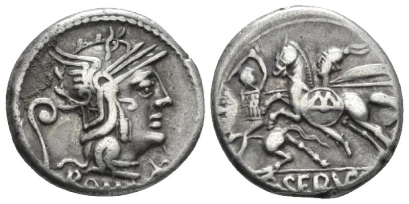 C. Servilius Vatia. Denarius circa 127, AR 18mm., 3.84g. Helmeted head of Roma r...