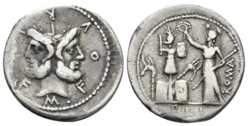 M. Furius L.f. Philus. Denarius circa 121, AR 20.5mm., 3.83g. M·FOVRI·L·F Laurea...