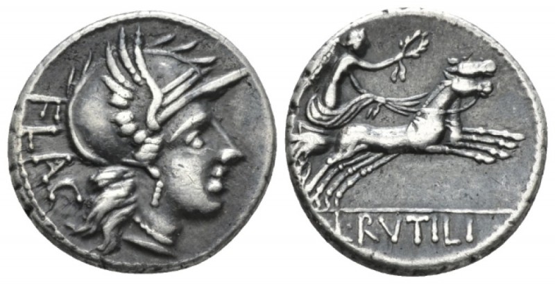 L. Rutilius Flaccus. Denarius circa 77, AR 17.8mm., 4.06g. FLAC Helmeted head of...