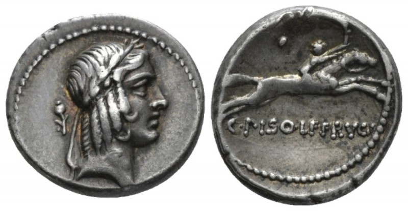 C. Calpurnius L.f. Frugi. Denarius circa 67, AR 17.5mm., 3.76g. Laureate head of...