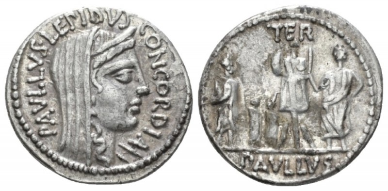 L. Furius Cn. f. Brocchus. Denarius circa 62, AR 19mm., 3.88g. PAVLLVS LEPIDVS –...