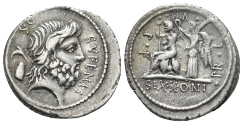 N. Nonius Sufenas. Denarius circa 59, AR 20mm., 3.79g. SVFENAS – S·C Head of Sat...