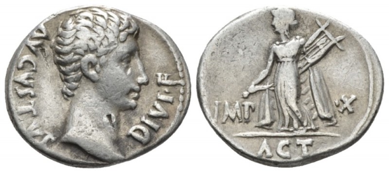 Octavian as Augustus, 27 BC – 14 AD Denarius Lugdunum circa 15-13, AR 19mm., 3.7...