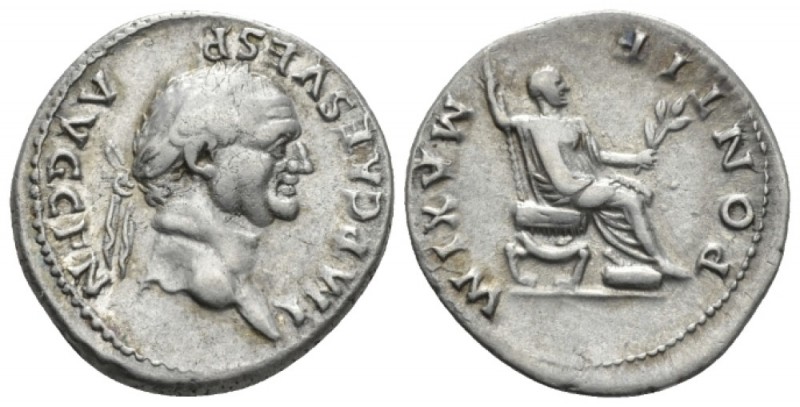 Vespasian, 69-79 Denarius circa 73, AR 20mm., 3.44g. Laureate head r. Rev. Vespa...