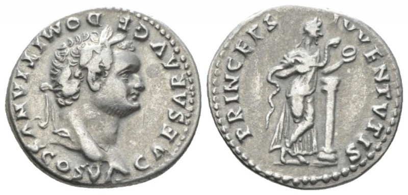 Domitian caesar, 69-81. Denarius circa 79, AR 18mm., 3.31g. Laureate head r. Rev...