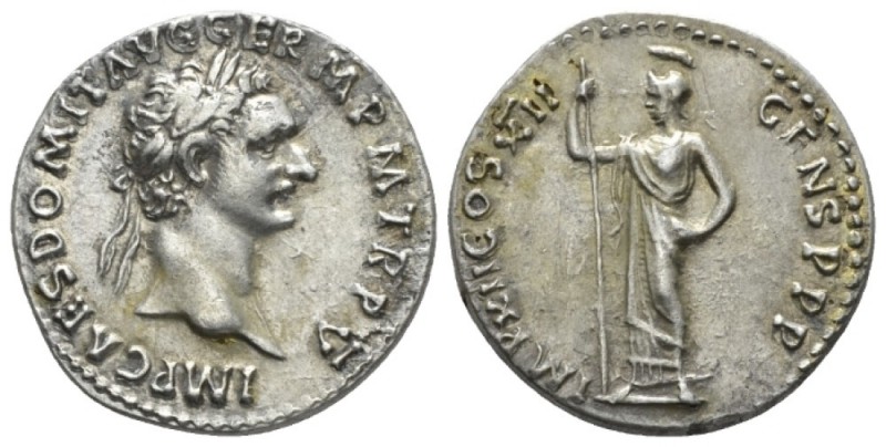 Domitian, 81-96 Denarius plated circa 86, AR 19.7mm., 3.09g. Laureate bust r. Re...