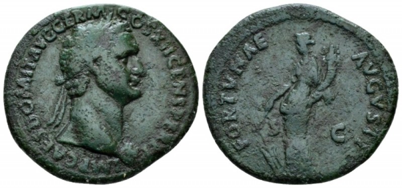 Domitian, 81-96 As circa 86, Æ 27mm., 10.31g. Laureate head r. Rev. Fortuna stan...