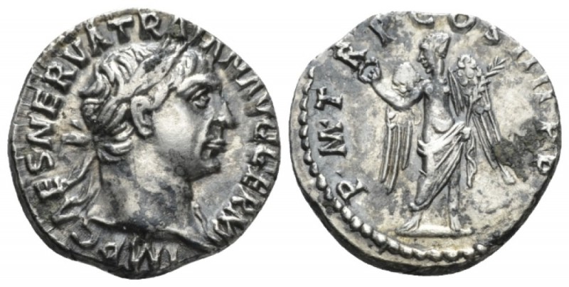 Trajan, 98-117 Denarius circa 102, AR 18mm., 3.22g. Laureate head r. Rev. Victor...