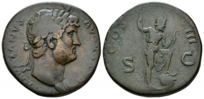 Hadrian, 117-138 Sestertius circa 125-128, Æ 32mm., 27.60g. Laureate head r. wit...