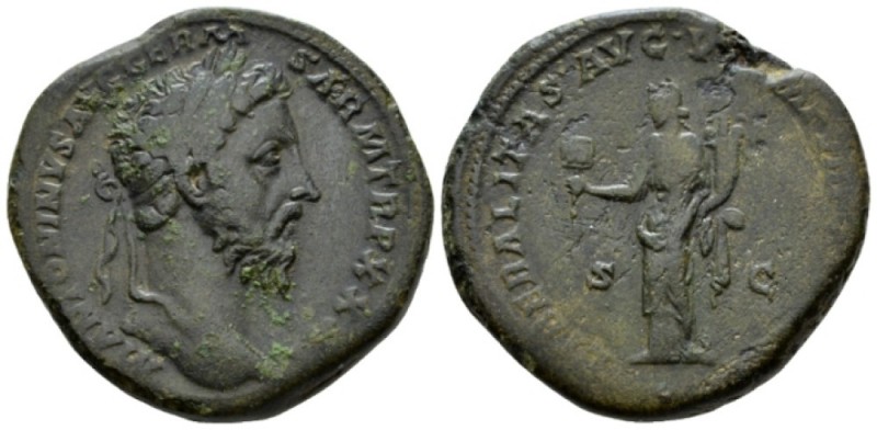 Marcus Aurelius, 161-180 Sestertius circa 176-177, Æ 32mm., 28.03g. Laureate hea...