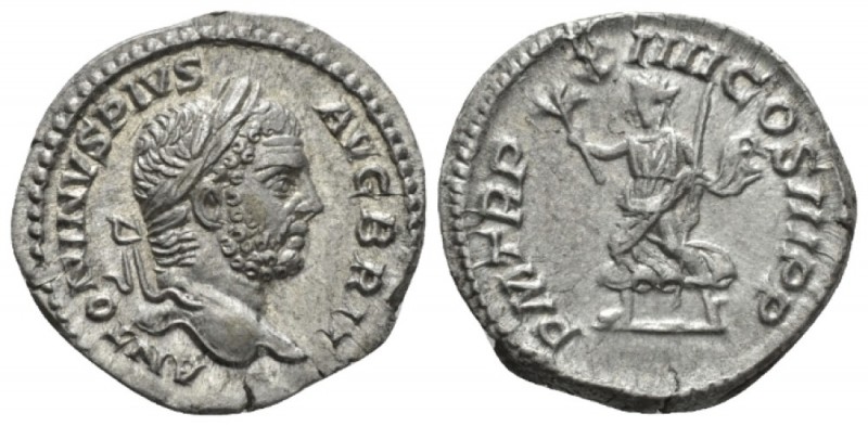 Caracalla, 198-217 Denarius circa 211-212, AR 18mm., 3.13g. Laureate head r. Rev...