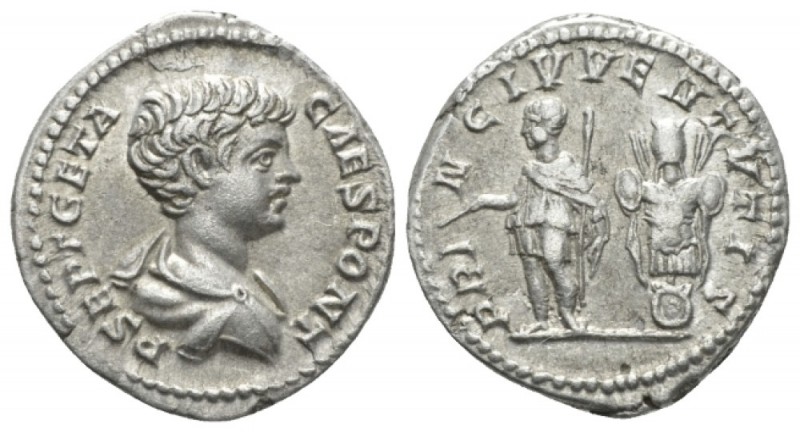 Geta Caesar, 198-209. Denarius circa 200-202, AR 18mm., 3.59g. Bare-headed and d...