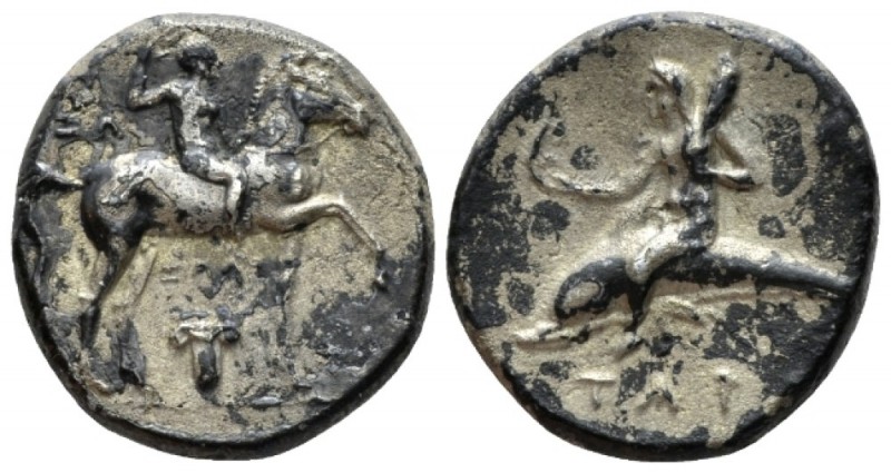 Calabria, Tarentum Nomos circa 280-272, AR 20mm., 6.16g. Youth riding horse r.; ...