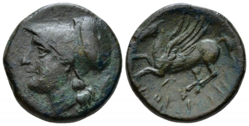 Bruttium, Lokri Bronze circa 300-268, Æ 21mm., 9.93g. Helmeted head of AThena l....