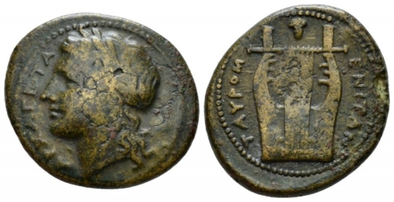 Sicily, Tauromenium Bronze circa 357-305, Æ 24mm., 7.24g. Laureate head of Apoll...