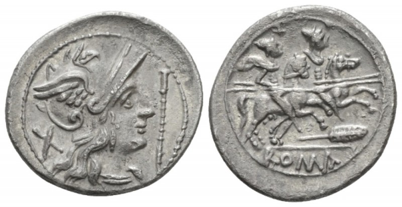 Denarius uncertain mint circa 206-200, AR 19.8mm., 2.97g. Helmeted head of Roma ...