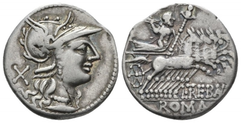 L. Trebanius. Denarius circa 135, AR 19.6mm., 3.78g. Helmeted head of Roma r.; b...