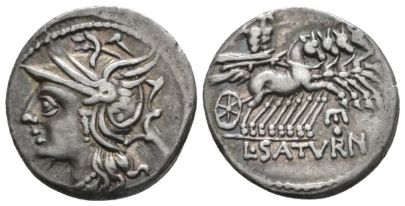 L. Appuleius Saturninus. Denarius circa 104, AR 17.8mm., 3.85g. Helmeted head of...