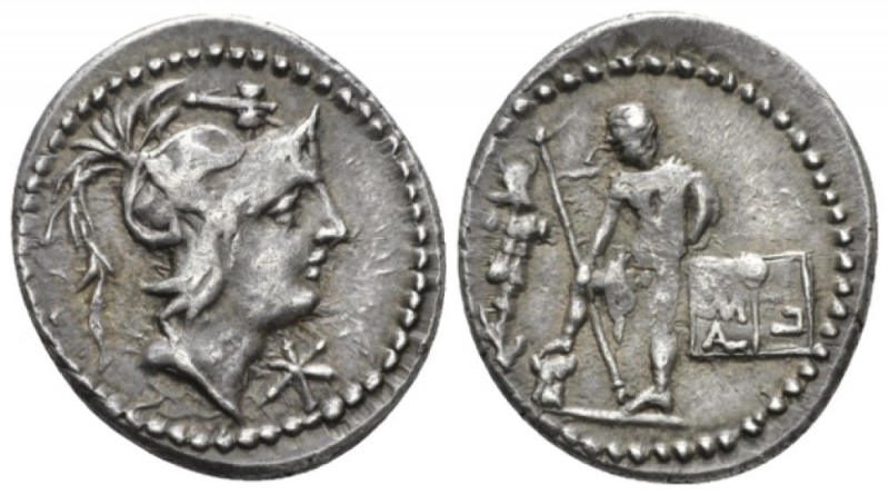 C. Poblicius Malleolus. Denarius circa 94, AR 19.7mm., 3.96g. Helmeted head of M...