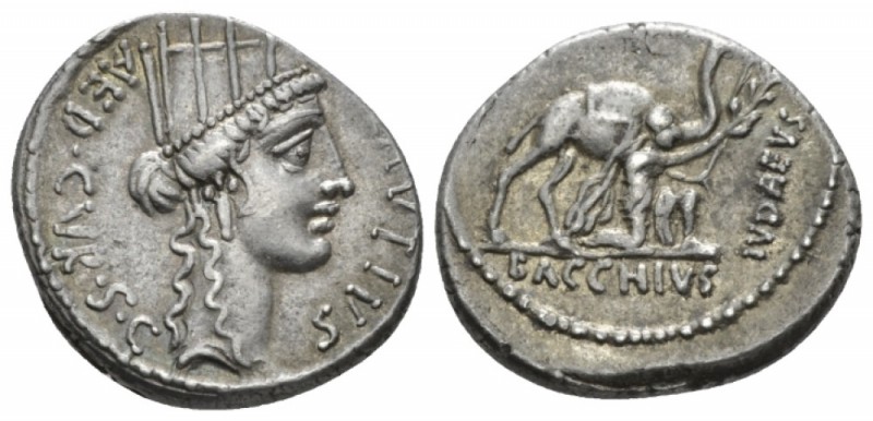 A. Plautius Denarius circa 55, AR 18mm., 3.85g. A·PLAVTIVS – AED·CVR·S·C Head of...