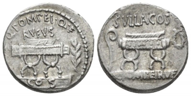 Q. Pompeius Rufus. Denarius circa 54, AR 17.2mm., 3.91g. Q·POMPEI·Q·F / RVFVS Cu...