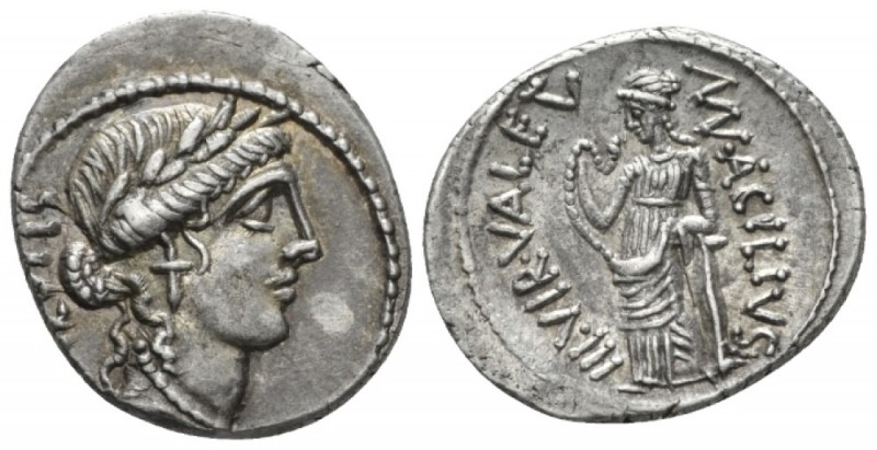 Mn. Acilius Glabrio. Denarius circa 49, AR 19mm., 3.93g. SALVTIS upwards Laureat...