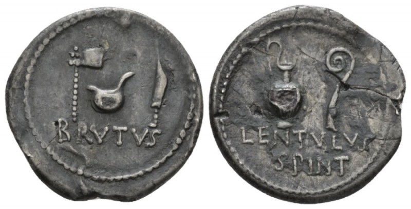 Q. Caepio Brutus and Lentulus Spint. Denarius mint moving with Brutus and Cassiu...