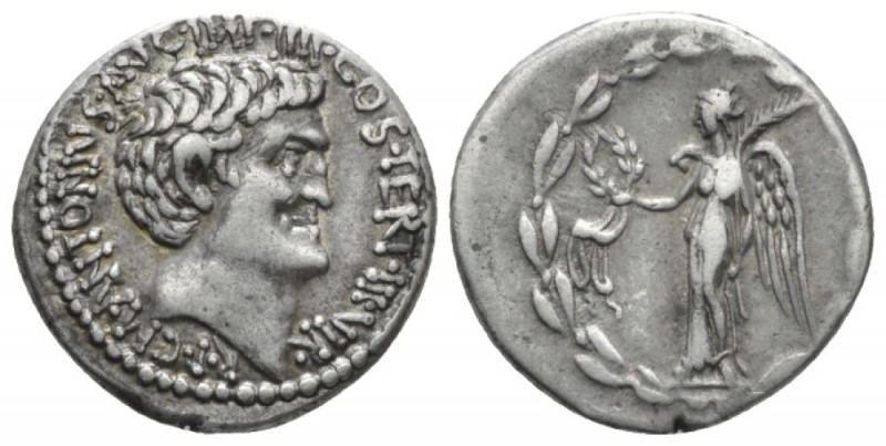 M. Antonius with D. Turullius. Denarius mint moving with M. Antony 31, AR 18.4mm...